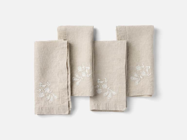 Verbena Embroidered Organic Linen Napkins, Set of 4
