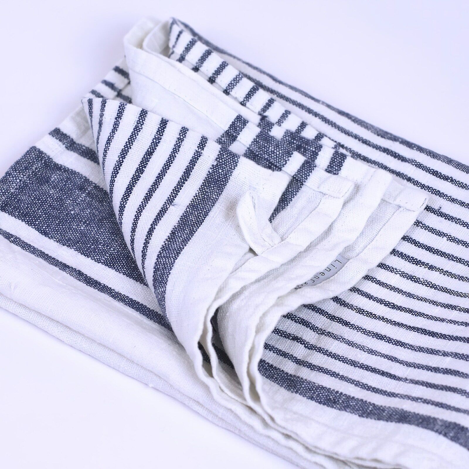 LinenCasa Linen Bath Towel - Luxury Thick Stonewashed - Blue with Stripes